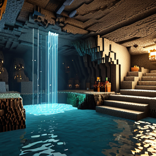 Home 16 **Detailed cave interior:** Intricate textures and dramatic lighting effects in a Minecraft cave, with flowing water, bats, and varied stone types. Focus on a sense of depth and realism.