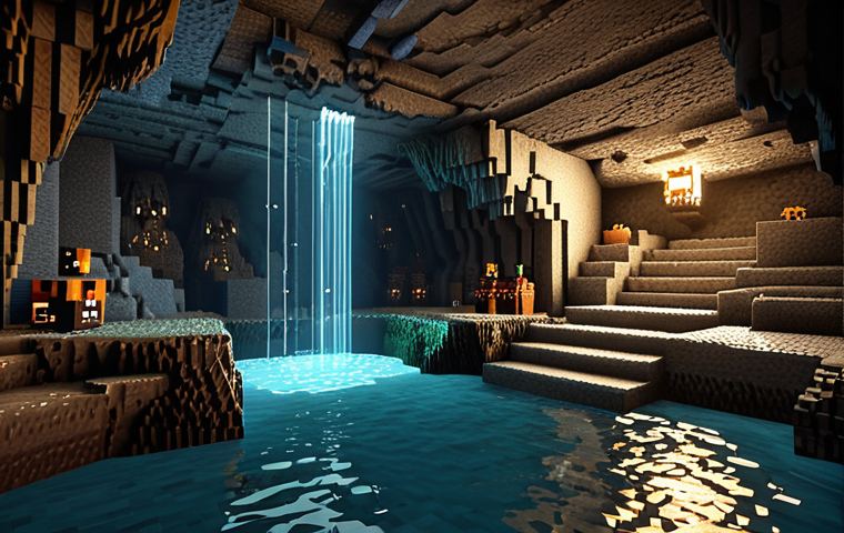 **Detailed cave interior:** Intricate textures and dramatic lighting effects in a Minecraft cave, with flowing water, bats, and varied stone types. Focus on a sense of depth and realism.