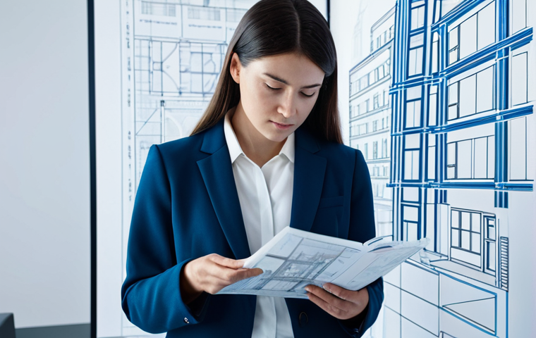 A professional female digital architect in a modest business blazer, meticulously designing complex holographic city blueprints in a minimalist, modern studio. Her expression is focused and determined. The environment features subtle ambient light from the digital interfaces. Fully clothed, appropriate attire, safe for work, perfect anatomy, natural pose, well-formed hands, proper finger count, natural body proportions, professional photography, high-resolution, sharp focus, family-friendly.