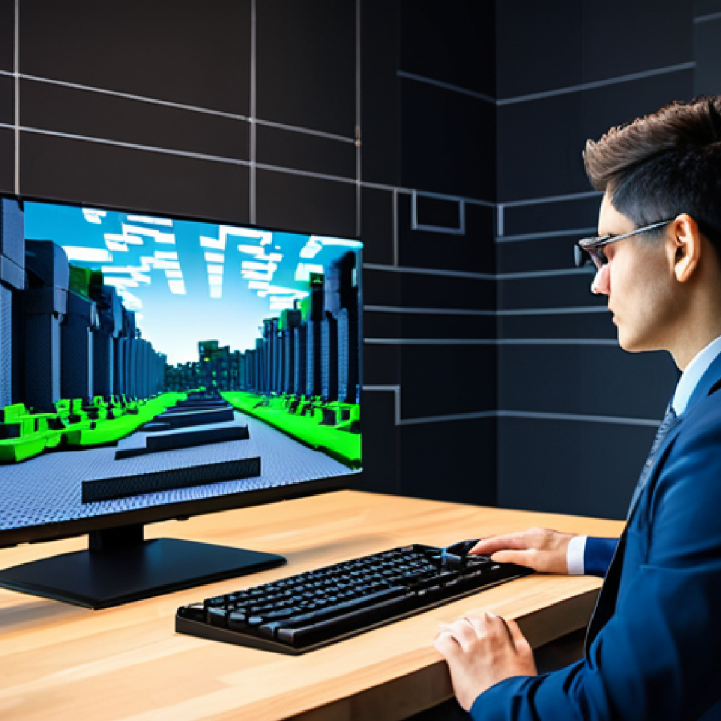 A focused professional architect in a modest business casual suit, seated at a sleek modern desk, attentively observing a holographic display. The display projects a highly detailed, clean schematic of a multi-level Minecraft mob battle arena, showcasing polished basalt walls, obsidian foundations, and integrated glowstone lighting. Strategic pathways and designated mob spawn points are clearly visible within the blueprint. The architect's expression is one of thoughtful analysis. Studio lighting, professional photography, high quality, perfect anatomy, correct proportions, natural pose, well-formed hands, proper finger count, natural body proportions, fully clothed, modest clothing, appropriate attire, professional dress, safe for work, appropriate content, family-friendly.