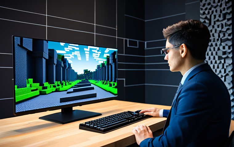 A focused professional architect in a modest business casual suit, seated at a sleek modern desk, attentively observing a holographic display. The display projects a highly detailed, clean schematic of a multi-level Minecraft mob battle arena, showcasing polished basalt walls, obsidian foundations, and integrated glowstone lighting. Strategic pathways and designated mob spawn points are clearly visible within the blueprint. The architect's expression is one of thoughtful analysis. Studio lighting, professional photography, high quality, perfect anatomy, correct proportions, natural pose, well-formed hands, proper finger count, natural body proportions, fully clothed, modest clothing, appropriate attire, professional dress, safe for work, appropriate content, family-friendly.