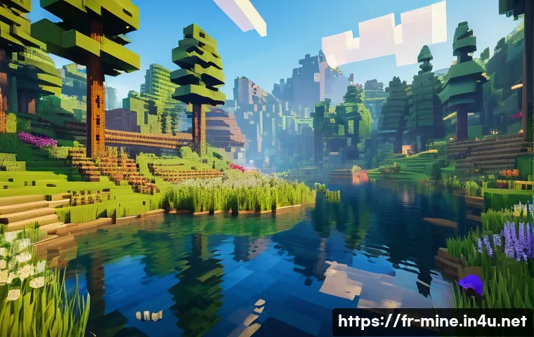 마인크래프트 환경 보호 맵 설계 - **Prompt:** A vibrant, flourishing Minecraft-inspired biome, showcasing diverse ecosystems. In the f...