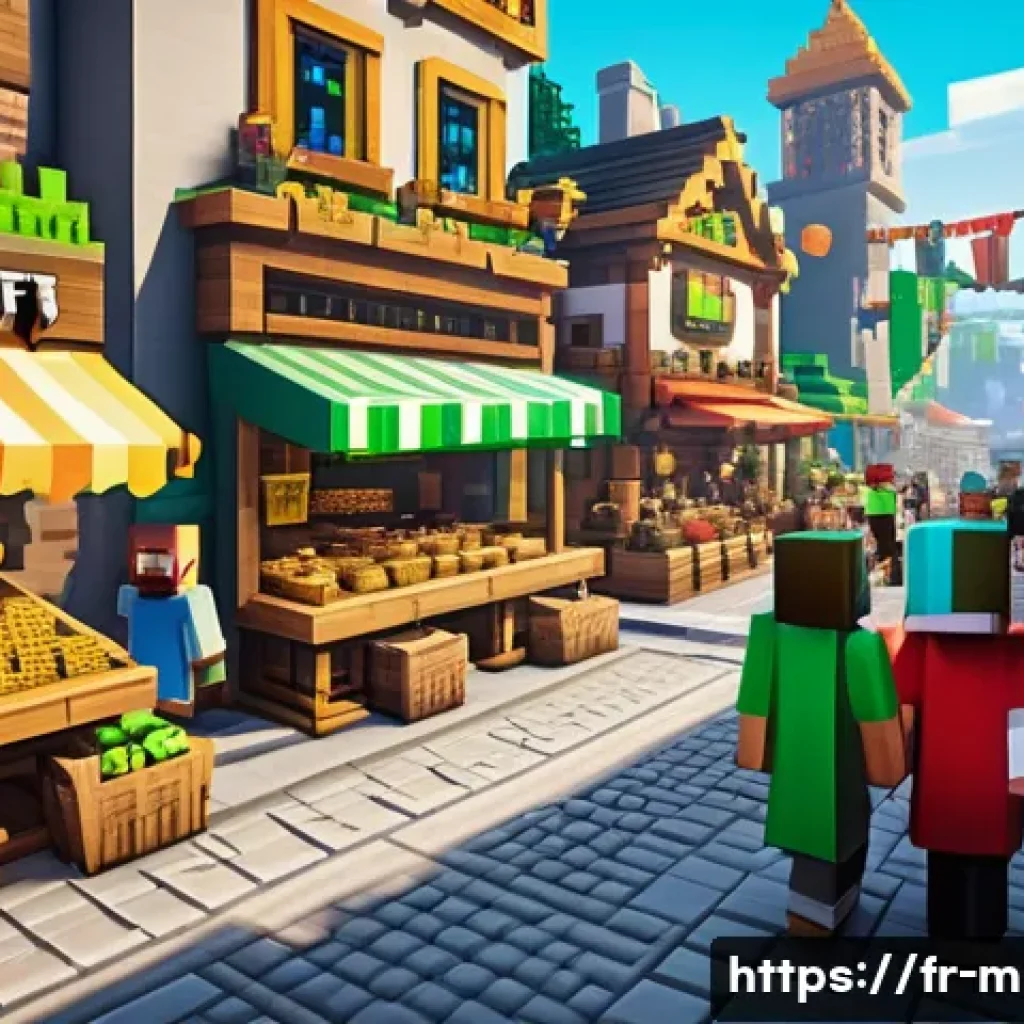 마인크래프트 경제 시스템 설계 - A bustling Minecraft marketplace scene featuring diverse players exchanging virtual currencies like ...
