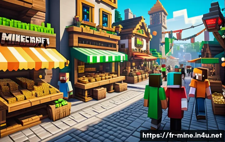 마인크래프트 경제 시스템 설계 - A bustling Minecraft marketplace scene featuring diverse players exchanging virtual currencies like ...