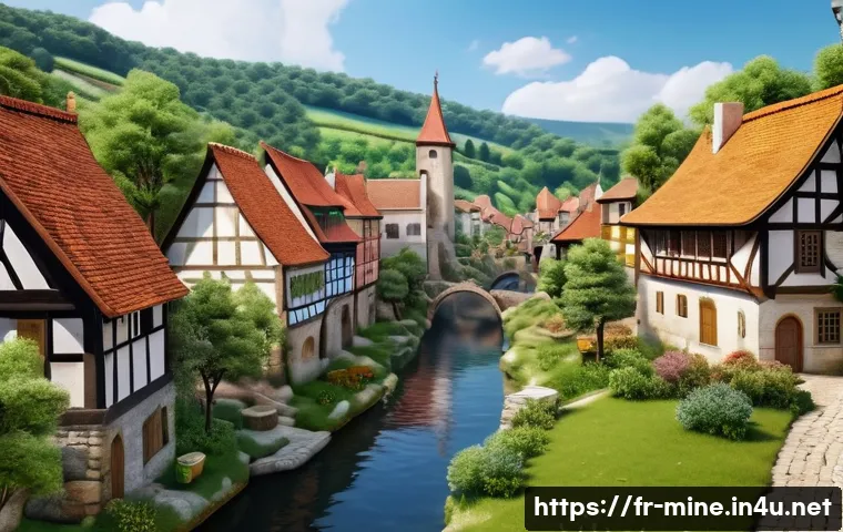 마인크래프트 타운 설계법 - A meticulously planned medieval-style town situated at the border of a dense forest and open plains,...