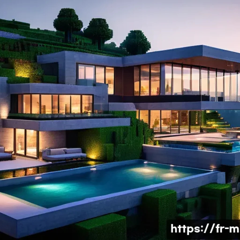 마인크래프트 럭셔리 저택 만들기 - A luxurious Minecraft manor perched on a wooded hillside overlooking a serene lake at sunset, featur...