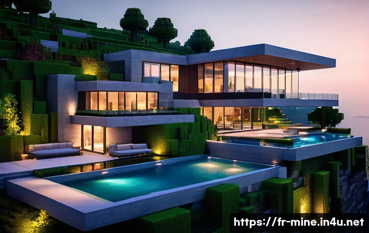 마인크래프트 럭셔리 저택 만들기 - A luxurious Minecraft manor perched on a wooded hillside overlooking a serene lake at sunset, featur...