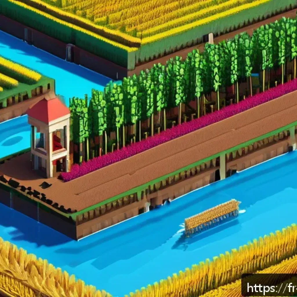 마인크래프트 농장 자동화 설계 - A highly detailed Minecraft-inspired automated farm scene showcasing rows of wheat and beetroot crop...