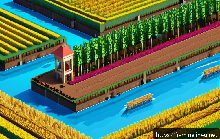 마인크래프트 농장 자동화 설계 - A highly detailed Minecraft-inspired automated farm scene showcasing rows of wheat and beetroot crop...