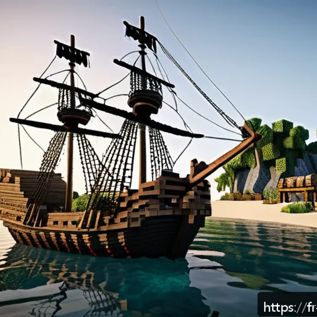 마인크래프트 해적선 건축 - A detailed Minecraft-style pirate ship anchored in a calm ocean bay surrounded by small lush islands...