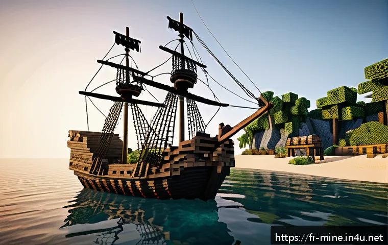 마인크래프트 해적선 건축 - A detailed Minecraft-style pirate ship anchored in a calm ocean bay surrounded by small lush islands...