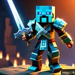 마인크래프트 마법 부여 우선순위 - A detailed fantasy scene of a Minecraft warrior holding a finely enchanted diamond sword glowing wit...