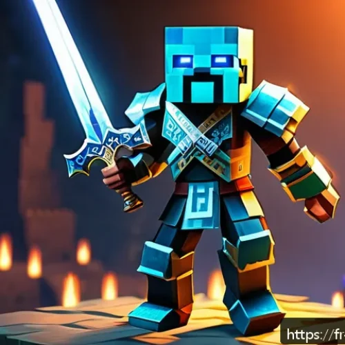 마인크래프트 마법 부여 우선순위 - A detailed fantasy scene of a Minecraft warrior holding a finely enchanted diamond sword glowing wit...