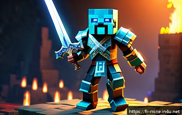 마인크래프트 마법 부여 우선순위 - A detailed fantasy scene of a Minecraft warrior holding a finely enchanted diamond sword glowing wit...
