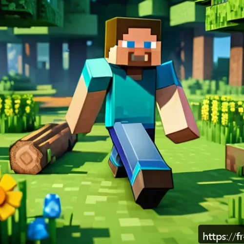마인크래프트 초보자 퀘스트 제작 - A beginner Minecraft player wearing simple fabric clothing and sturdy leather boots, standing in a l...