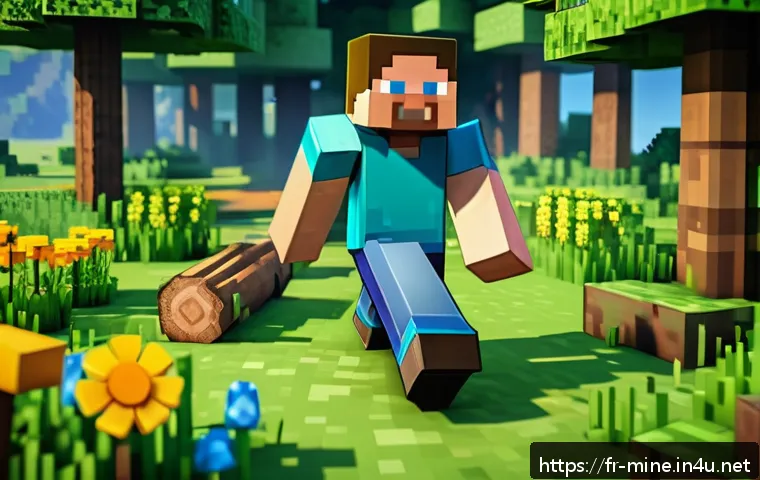 마인크래프트 초보자 퀘스트 제작 - A beginner Minecraft player wearing simple fabric clothing and sturdy leather boots, standing in a l...