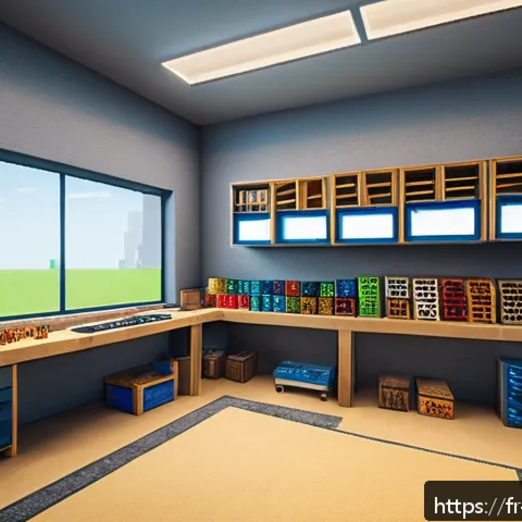 마인크래프트 스피드 빌딩 기술 - A highly organized Minecraft workspace with a clear and tidy toolbar filled with essential building ...