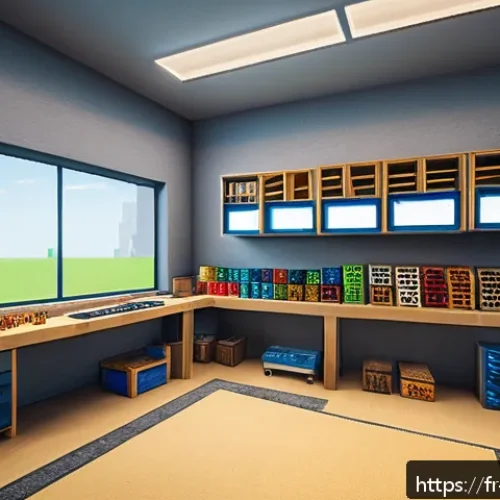 마인크래프트 스피드 빌딩 기술 - A highly organized Minecraft workspace with a clear and tidy toolbar filled with essential building ...