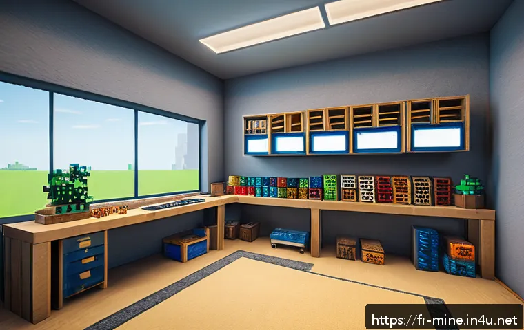 마인크래프트 스피드 빌딩 기술 - A highly organized Minecraft workspace with a clear and tidy toolbar filled with essential building ...