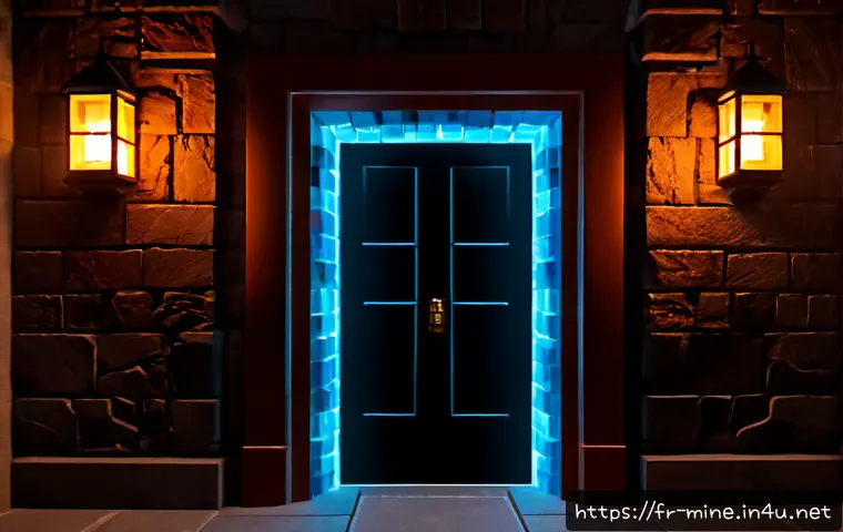 Home 17 마인크래프트 기계식 문 제작 - Photorealistic close-up of a detailed voxel-style mechanical double door built from stone blocks, gl...