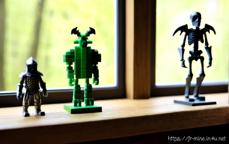 Home 30 마인크래프트 몹 특징 분석 - Photorealistic miniature voxel-style fantasy creatures arranged in a clear comparison lineup on a wo...
