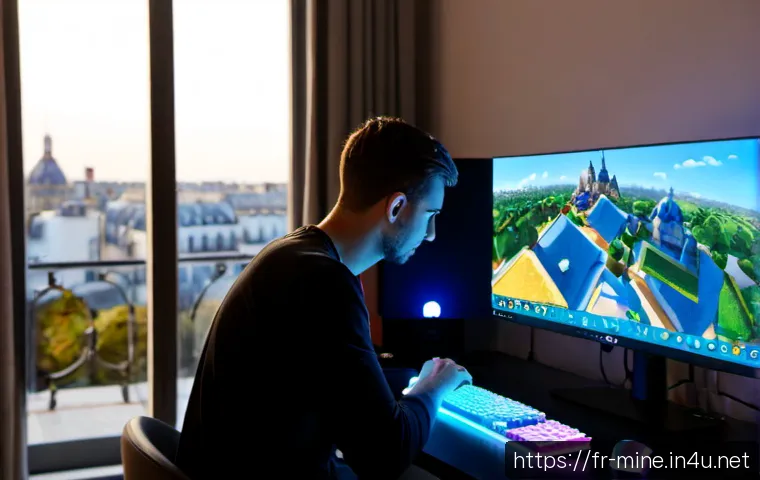 Home 17 마인크래프트 크리에이티브 모드 최적화 - Photorealistic French home gaming desk, focused adult player using a desktop computer displaying a s...