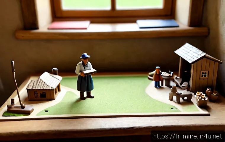 마인크래프트 마을 주민 직업 가이드 - Photorealistic tabletop gaming scene inspired by a block-building village profession guide, neatly a...