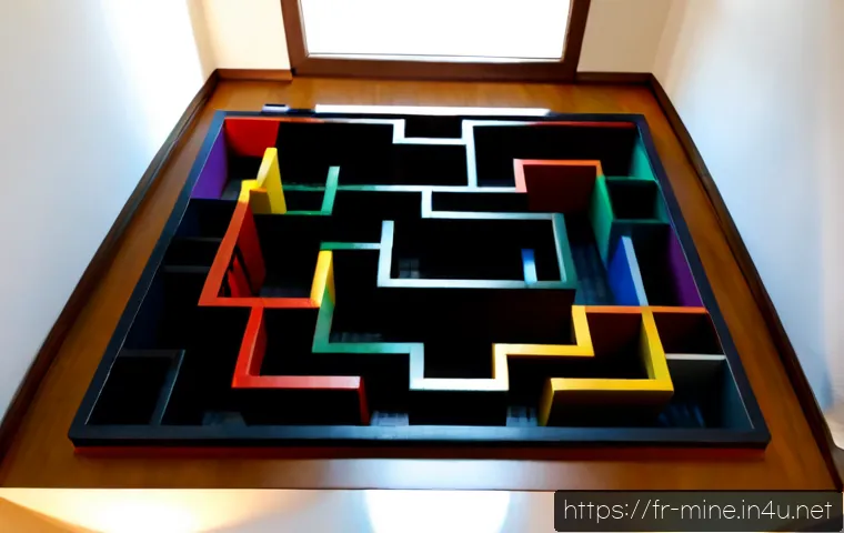 마인크래프트 복잡한 미로 제작 - Photorealistic overhead view of a large, intricate voxel-style maze built from colorful square block...