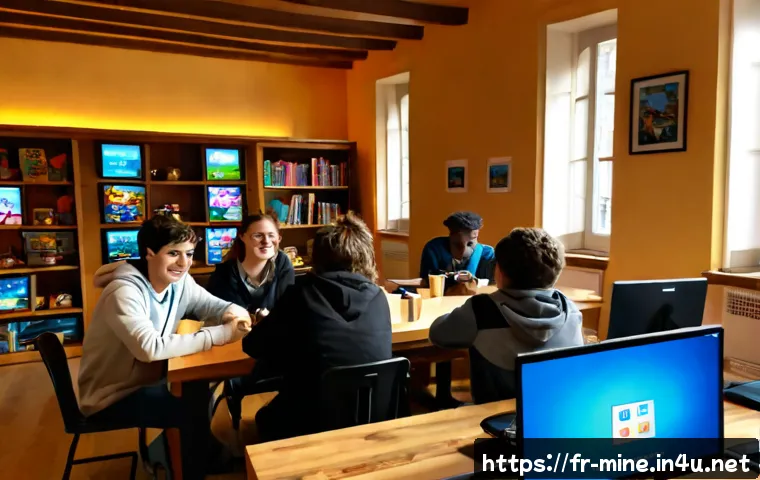 마인크래프트 커뮤니티 성장법 - Photorealistic community gaming workshop in a bright French media library, diverse teenagers and you...