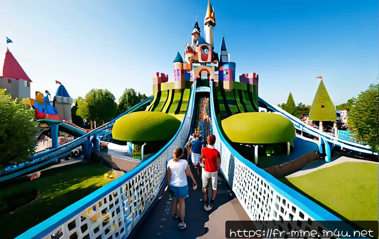 마인크래프트 테마파크 건설 - Photorealistic wide-angle view of a French family visiting a large voxel-block inspired theme park, ...